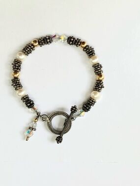 cultured pearl faceted glass prism golden round beads dark silver tone bracelet